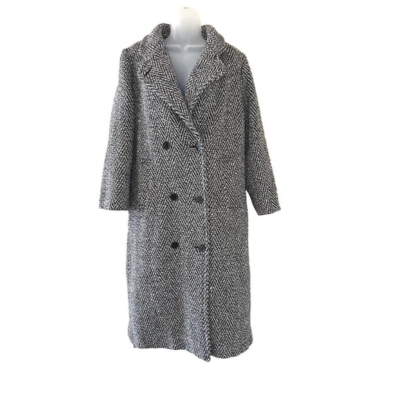 Vintage 80s British Lion Wool Trench Coat Black/White Womens Size 8 Herringbone - Picture 2 of 16